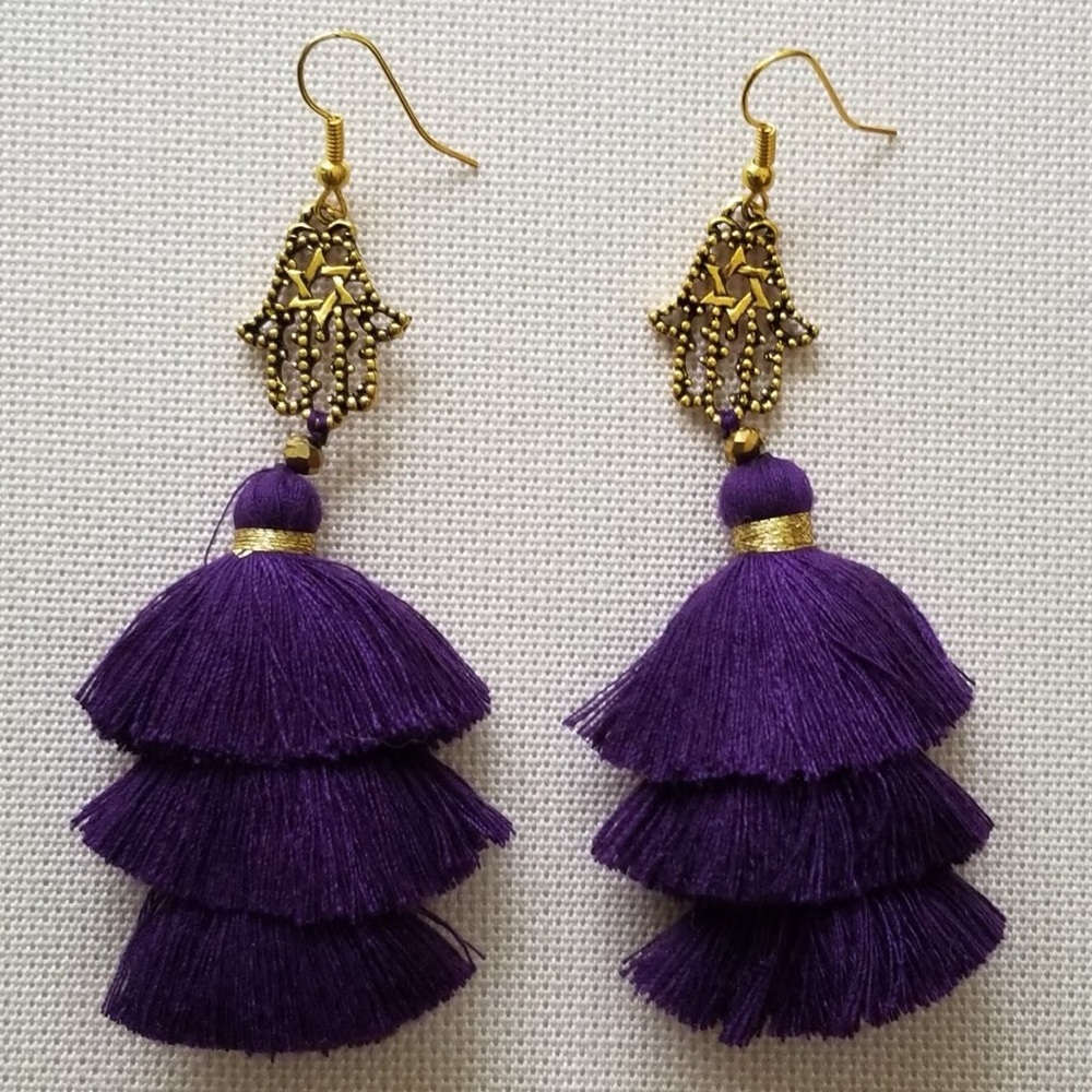New Hamsa Hand & Star of David Purple Tassel Earrings